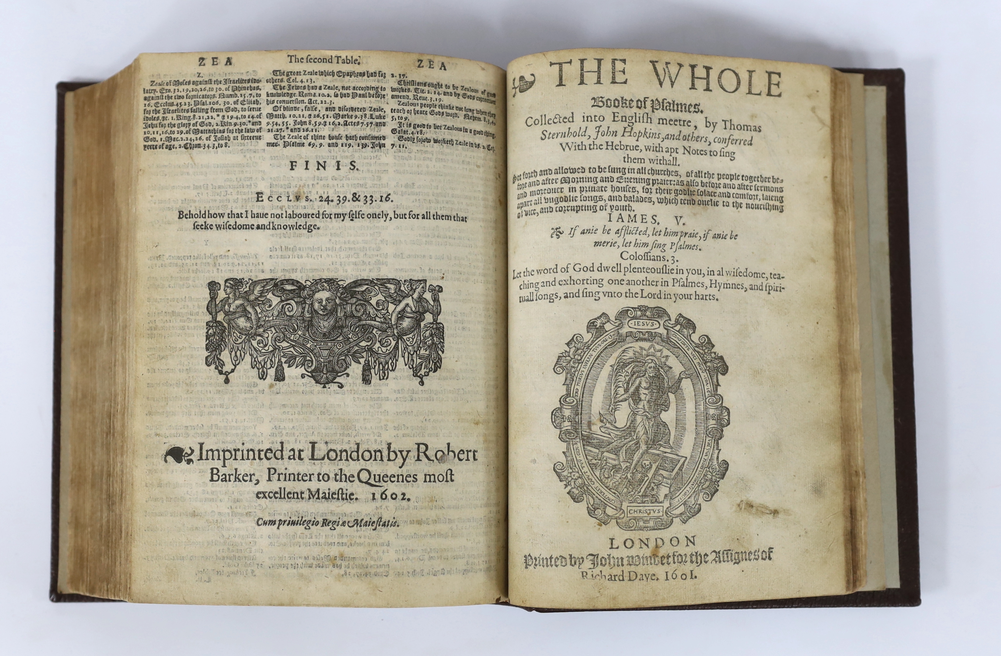 Bible - A Robert Barker 1603 Geneva (and Tomson-Junius) version, lacking the general title and the final leaf of the Old Testament. (The Bible:....With....Annotations...) New Testament pictorial engraved title, OT. part